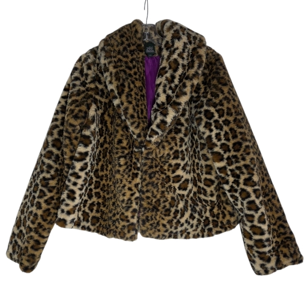 Wild Fable Leopard Print Faux Fur Jacket With Purple Satin Lining Size Medium